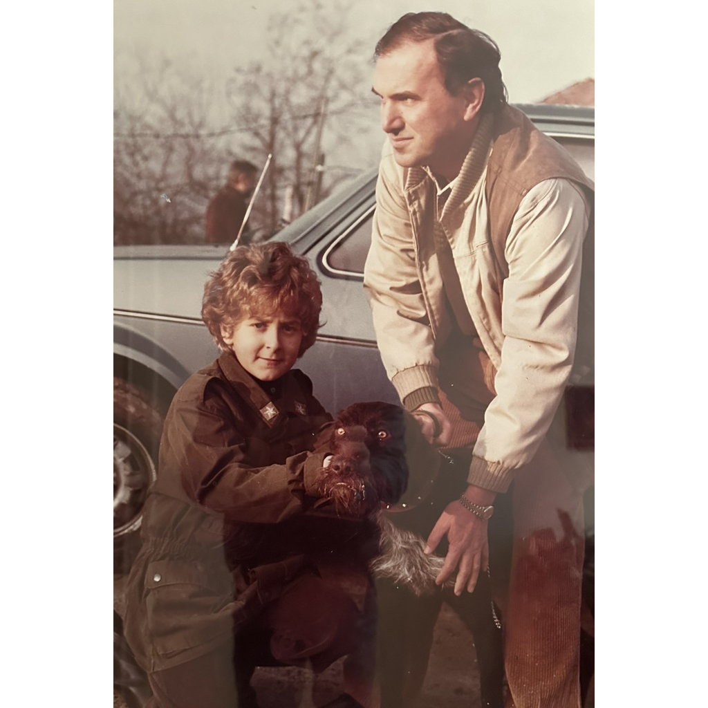 Luca (left) with his father Paolo and their first dog Tobia. 1977