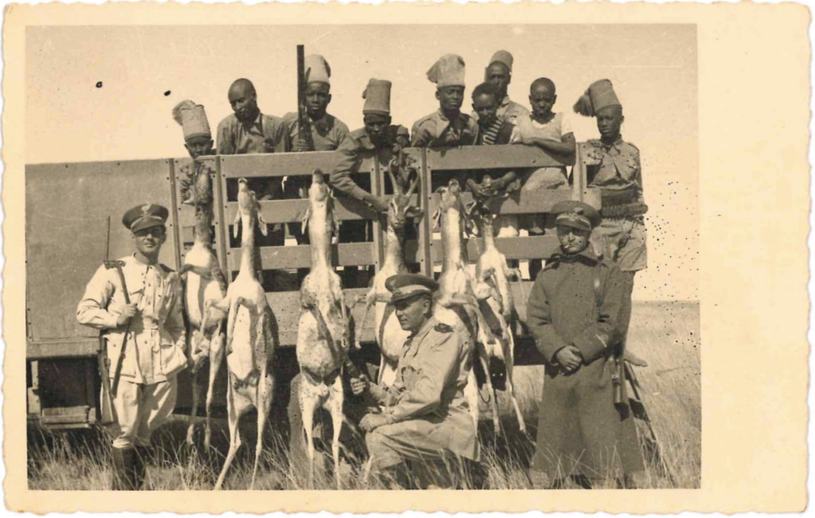 Leone Romano (front-center) artillery captain of the Royal Italian Army hunting in the Italian colonies in Africa, 1932